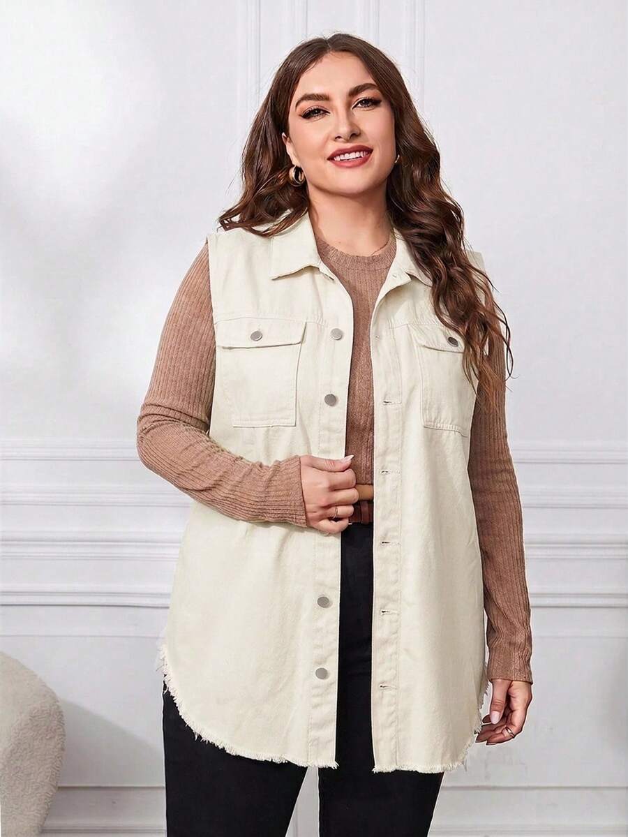 EMERY ROSE Plus Size Casual Solid Color Sleeveless Denim Jacket - Apricot - View 1