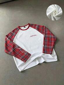 ROMWE MEN Street Life Men's Waffle Fabric Plaid Patchwork Loose Long Sleeve T-Shirt - Red and White - View 1