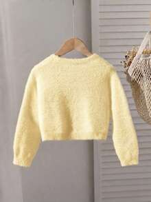 SHEIN Playful Pals Áo cardigan len dệt mềm thời trang cho bé gái mùa thu/đông, tay dài, phong cách tối giản - Màu vàng - Xem 2