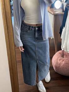 DAZY Distressed Washed Split Hem Straight Long Skirt Casual Vacation Spring Autumn Women's Denim Skirt School - Blue - View 2