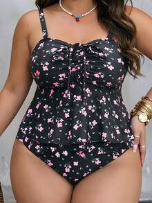 Swim Mod Conjunto de bikini halter con estampado floral para tallas grandes, con cordón ajustable, tirantes ajustables, Bottom de traje de baño con volantes y cintura alta, traje de baño para vacaciones y playa - Negro - Ver 3