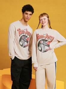 TOM & JERRY X SHEIN Unisex 1pc Cartoon Pattern T-Shirt - Khaki - View 3