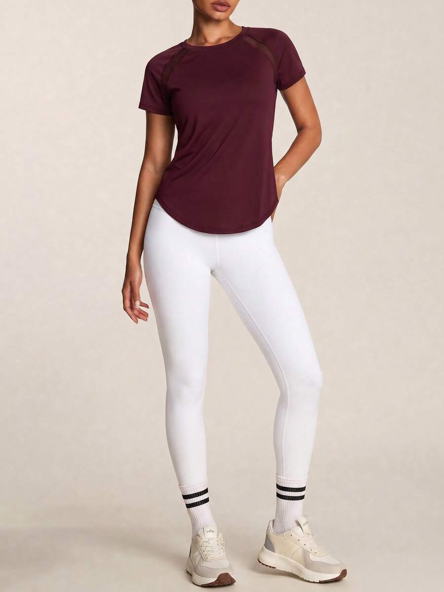 SHEIN BAE Kaos Olahraga Wanita Lengan Pendek Raglan Kasual untuk Kebugaran dan Latihan