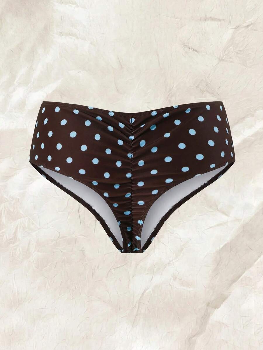 Oceva Braguita de bikini de mujer para verano y playa con estampado de lunares y fruncido - Marrón - Ver 1