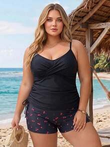 SHEIN CURVE+ 2026Plus Size Floral Print Tankini Swimwear - Black - View 6