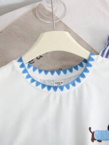 SHEIN 青少年女孩休閒學院通勤風 寬鬆落肩袖 3D 狗牙邊飾仿刺繡裝飾圓領針織提花 T 恤與紋理條紋愛心印花直筒寬腿褲 2 件套 白色上衣 黑白條紋褲 - 藍色 - 查看 4