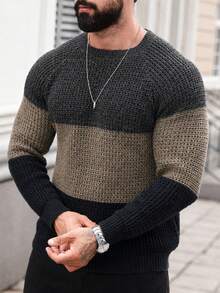 Manfinity Homme 男士休閒百搭拼色圓領長袖針織衫，適合日常穿著 - 彩色 - 查看 4