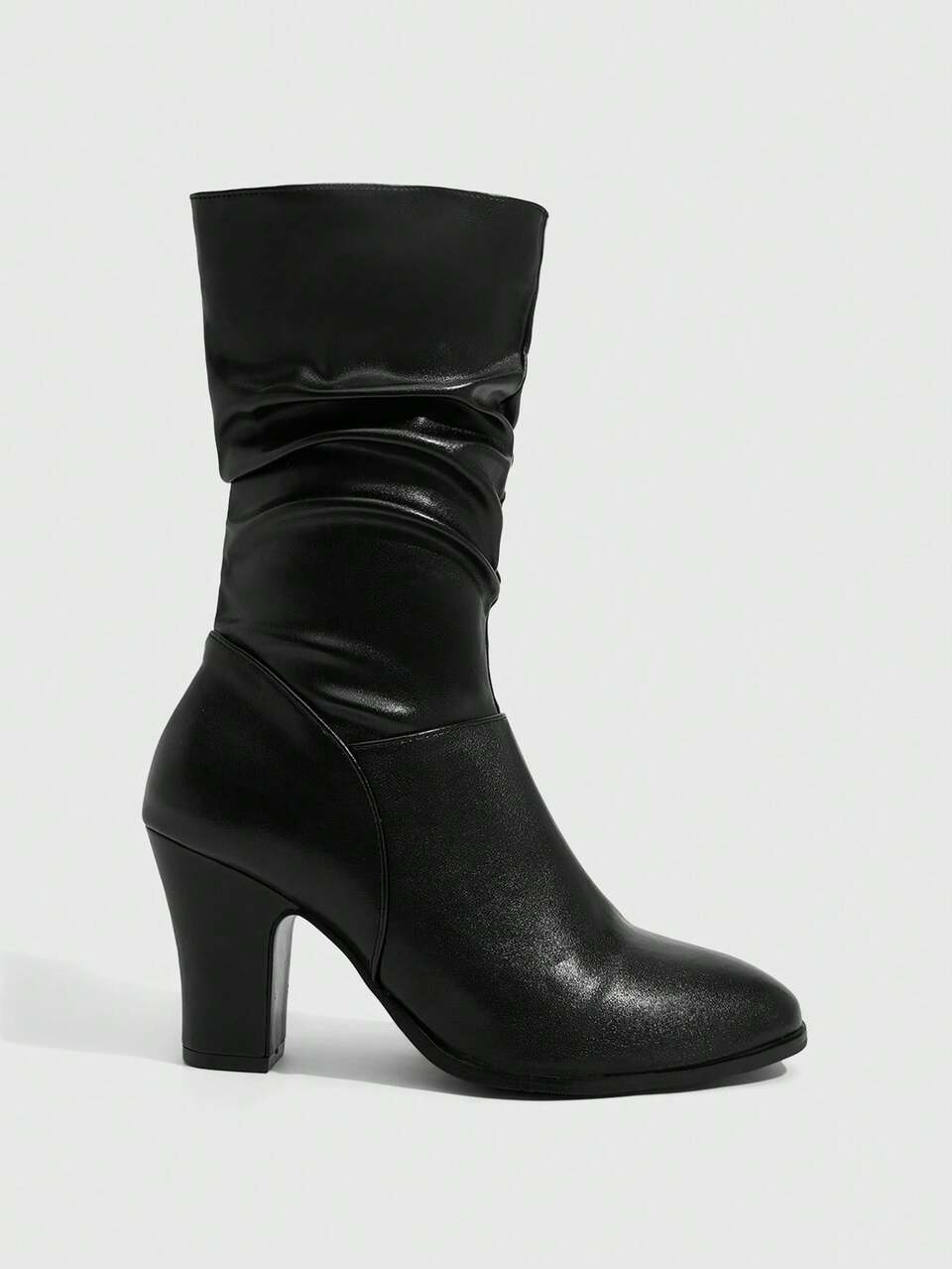 CUCCOO SZL Women Shoes Black Soft Leather Pleated Round Toe Thick Heel Medium Boots Simple Commuting Style Autumn And Winter Models Are Suitable For Daily Commute