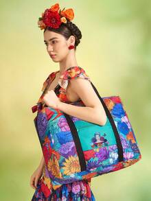 Frida Kahlo X SHEIN Frida 花卉可折疊旅行托特包，聚酯纖維行李套筒附手把，大容量旅行與購物手提袋，送給藝術與旅行愛好者的禮物 - 深湖水藍 - 查看 1