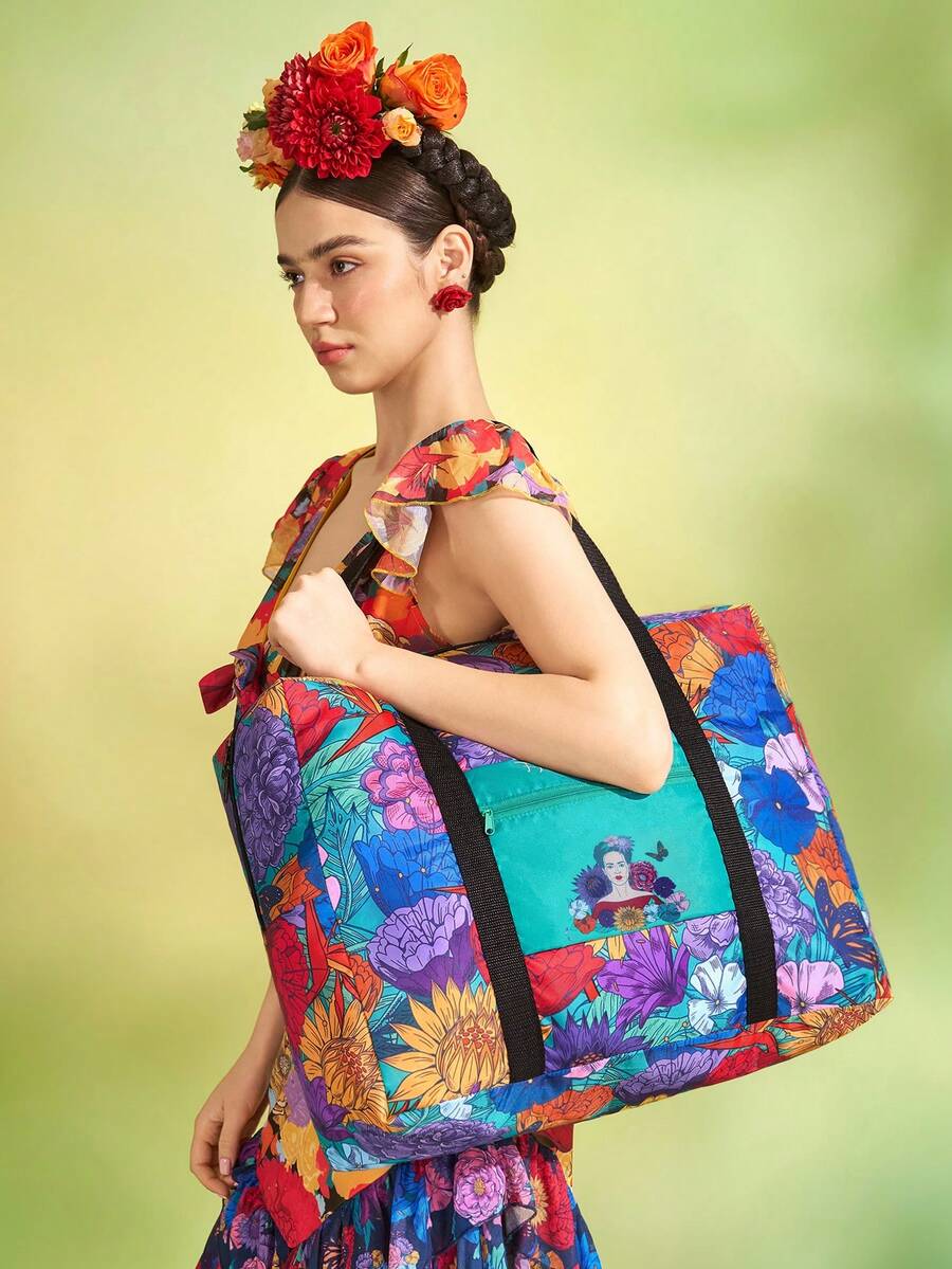 Frida Kahlo X SHEIN Frida 花卉可折疊旅行托特包,聚酯纖維行李套筒附手把,大容量旅行與購物手提袋,送給藝術與旅行愛好者的禮物 - 深湖水藍 - 查看 1