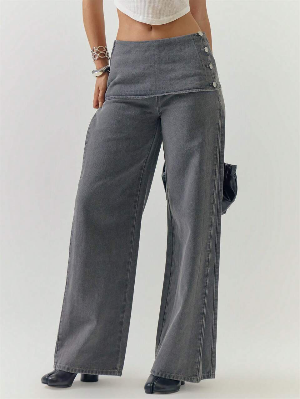 Grey Denim Fold Over Button Detail Jeans Casual Winter Grey Bottoms For Women