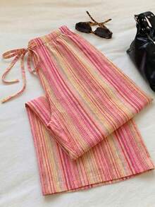 SHEIN EZwear 女款休閒低腰直筒褲，彩色條紋褲，夏季，街頭風，適合日常通勤、約會、聚會、秋冬/夏季、派對、婚禮、海灘、畢業典禮、優雅、休閒、外出、Y2K、音樂節、假期、返校、度假 - 彩色 - 查看 5