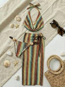 Swim Oasis 夏季海滩度假女士露背吊带特殊面料上衣，侧系带裤子，侧系带泳衣和裙子 - 彩色 - 查看 4