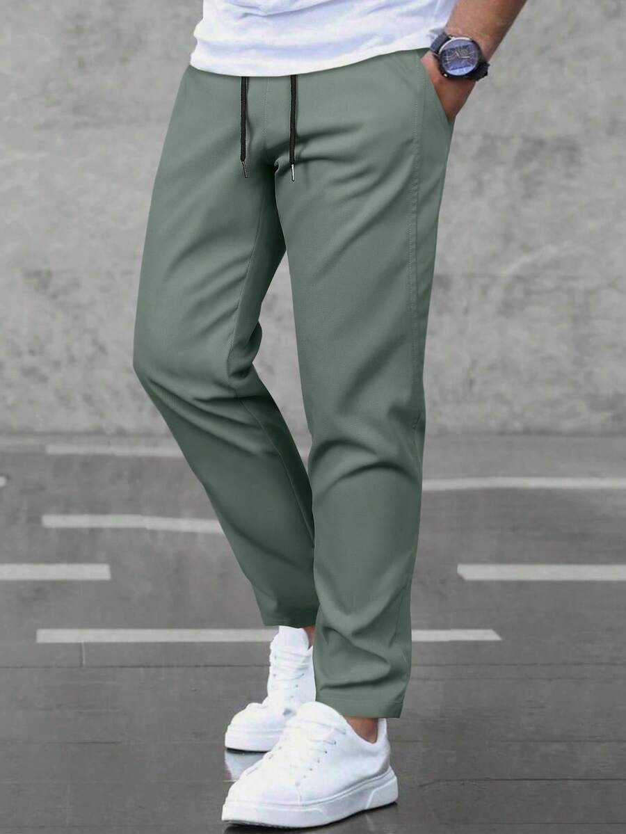 Manfinity Homme Men's Casual Drawstring Waist Solid Color Pants - Dark Green - View 1
