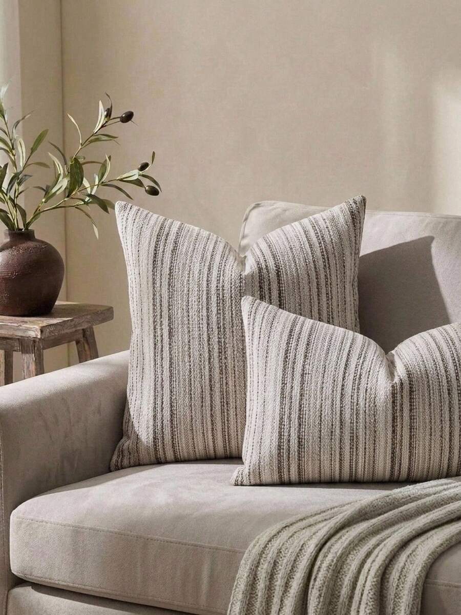 Cirelle 1 Stück/2 Stücke Ganzjahres-Kissenbezug im Boho- & Landhausstil, gestreifter Chenille-Kissenbezug mit Tufting, neutraler Farbton, ohne Füllung für Sofa, Tagesbett, Wohnzimmer - Grau - Übersicht 1