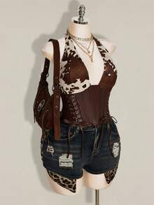 SHEIN ICON 大尺碼女款牛紋拼接鏤空綁帶掛脖背心上衣 - 棕色 - 查看 5
