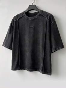 Manfinity RebelGame Men's Summer Casual Loose Fit Plus Size Plain Dark Grey T-Shirt With Snow Wash Effect Holiday - Black - View 1