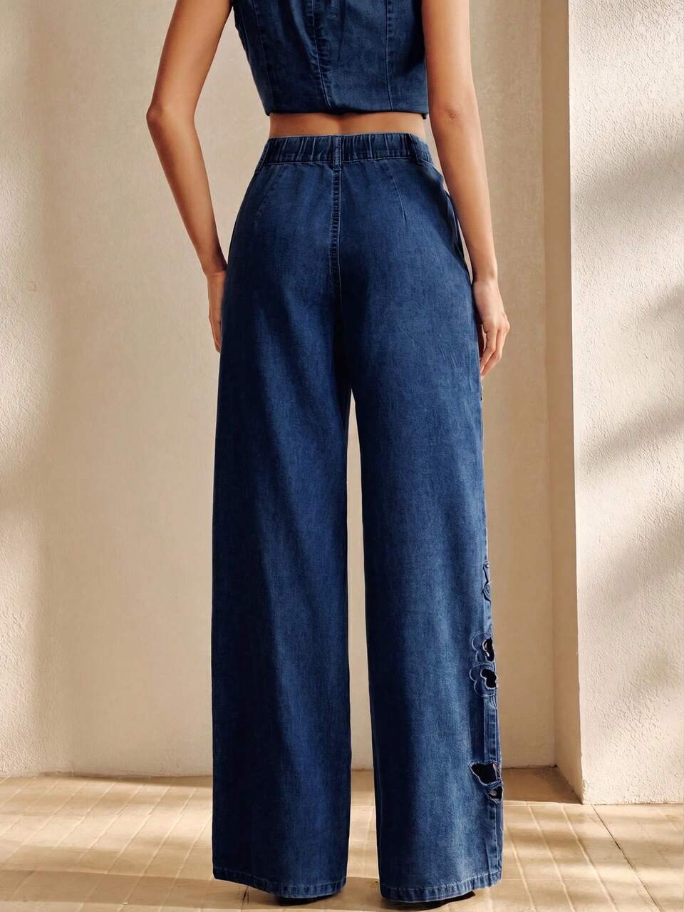 Anewsta Women's Sexy Heavy Embroidery Hollow Out Mother's Day Blue Straight Leg Jeans