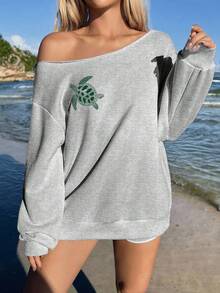 SHEIN EZwear 淺灰色女款露肩寬鬆休閒長袖衛衣，海龜印花圖案 - 淺灰色 - 查看 5