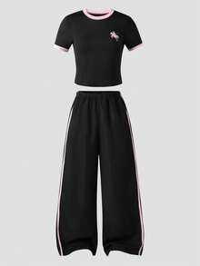 SHEIN Casuvi Kids 2件組青少年短袖上衣與長褲套裝，蝴蝶結緞帶粉色，適合春夏，運動與通勤穿著 - 彩色 - 查看 9