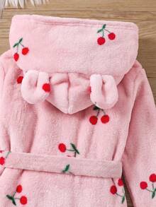 SHEIN Young Girl Young Girl Cute Comfortable Hooded Robe (With Detachable Belt) Cherry Print Pink Cute Towel Bath Comfy Soft Warm Winter Spring Autumn Casaul - Pink - View 4