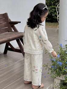 Dazy Kids 女童秋季圓領滿版印花無袖上衣＋長褲 梭織春夏兩件套 - 米色 - 查看 2