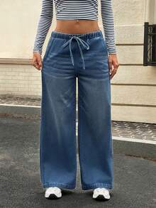SHEIN Essnce Summer Casual Tummy Control Compression Fit High Waist Drawstring Wide Leg Flattering Daily Wear Comfortable Jeans For Women Everyday Night Out Blue - Dusty Blue - View 4