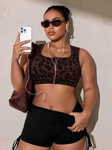 SHEIN Rhythm Era Women's Plus Size Leopard Print Casual Daily Gym Gym Sports Sports Bra Gym Sports Chocolate Brown Summer Gym Sports - Brown - View 4