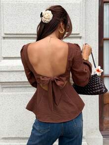 Serisse Women's Elegant Coffee Brown Linen Boat Neck Backless Bow Decor Ruffle Hem Long Sleeves Blouse,Vacation Date Night Fashionable Top,Four Seasons Fall - Brown - View 7