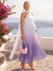 Loomaby Vestido elegante sin tirantes con degradado de color y bajo plisado para maternidad - Morado - Ver 1