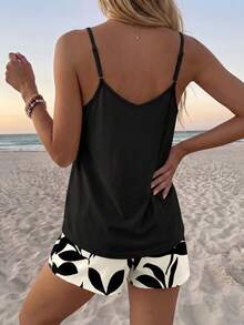 SHEIN LUNE 休閒極簡風女款純色細肩帶上衣與短褲兩件套，適合夏季 - 彩色 - 查看 2
