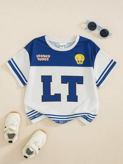 LOONEY TUNES X SHEIN Camiseta de manga corta con cuello redondo y rayas con letras para niño