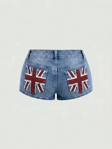 ROMWE Grunge Punk Y2K Hot Girl Style Vintage Washed Pocket Union Jack Print Ultra Low Waist Denim Shorts - Baby Blue - View 1