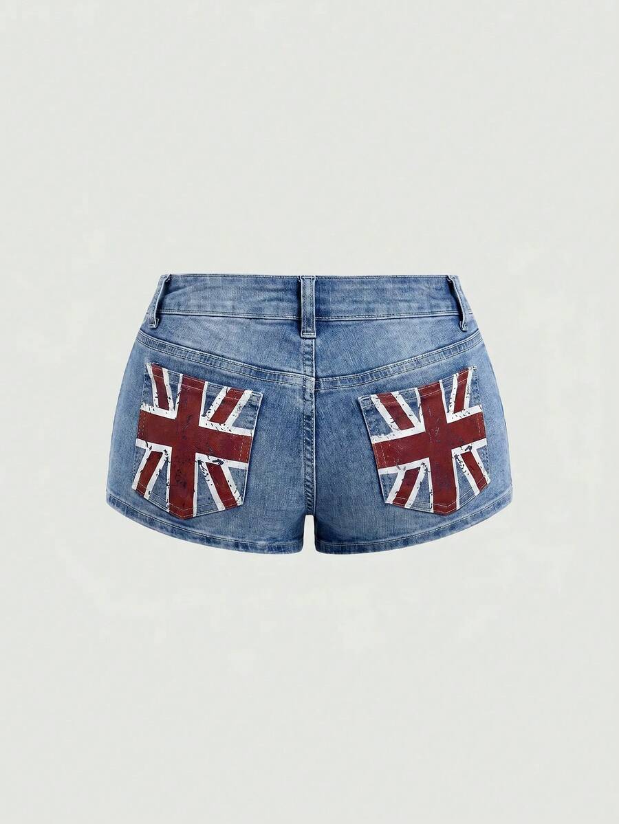ROMWE Grunge Punk Y2K Hot Girl Style Vintage Washed Pocket Union Jack Print Ultra Low Waist Denim Shorts - Baby Blue - View 1