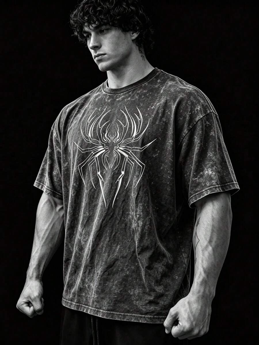 RISE LYT Men's Spider Print Short Sleeve Casual Fitness Sports T-Shirt, Gym - Black - View 1