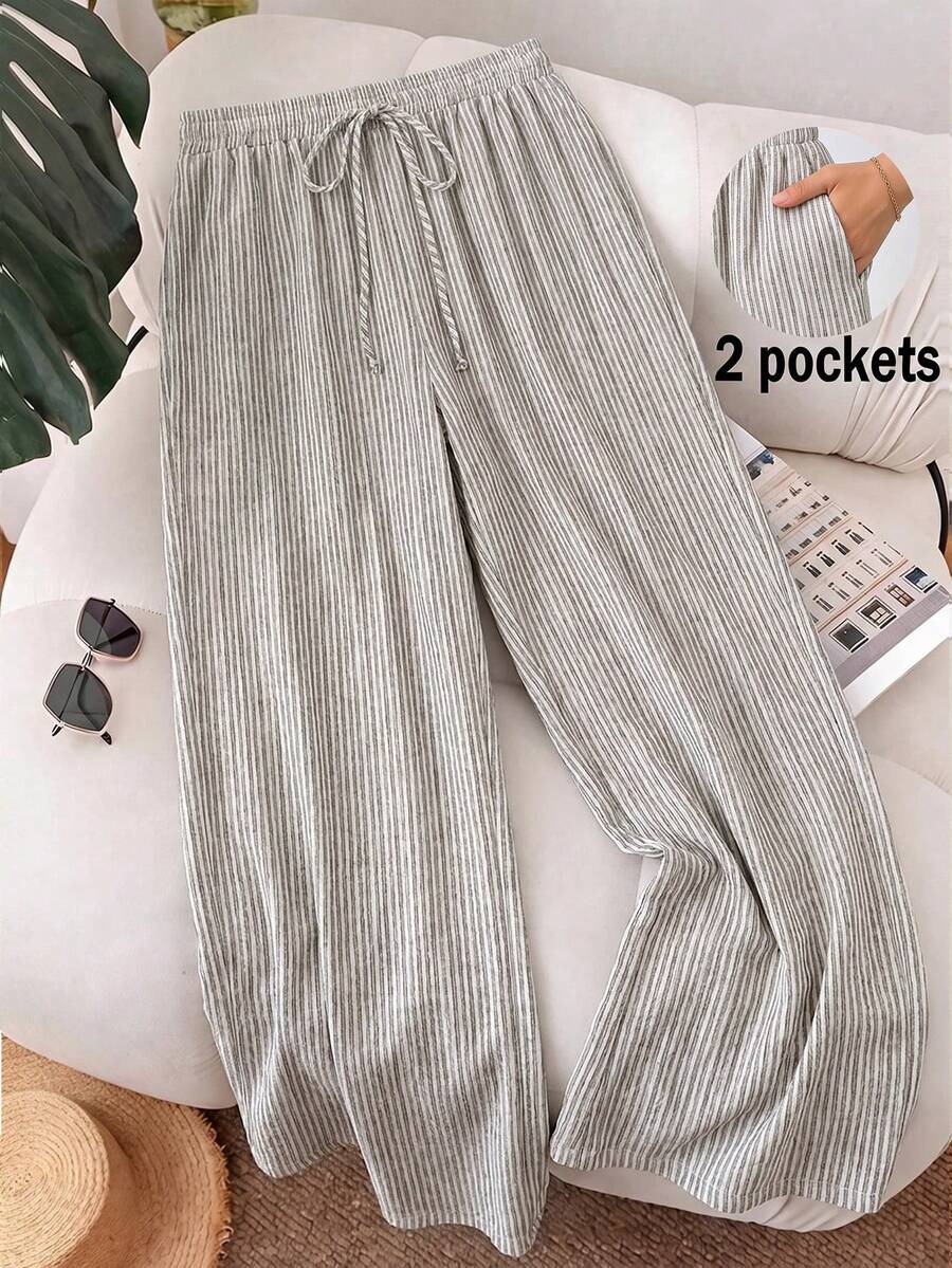 Lounesse Plus Size Striped Drawstring Waist Pocket Casual Long Pants For Daily Wear - Multicolor - View 1