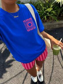 青少年女孩休閒極簡寬鬆圓領短袖T恤與寬鬆短褲2件套，適合春夏穿著 - 彩色 - 查看 4