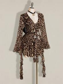 SHEIN ICON Plus Size Retro Sexy Millennial Style Y2K Urban Modern Avant-Garde Bold Fashion Individual Leopard Print V-Neck Ruffled Bell Sleeve Flowy Ribbon Dress - Brown - View 1