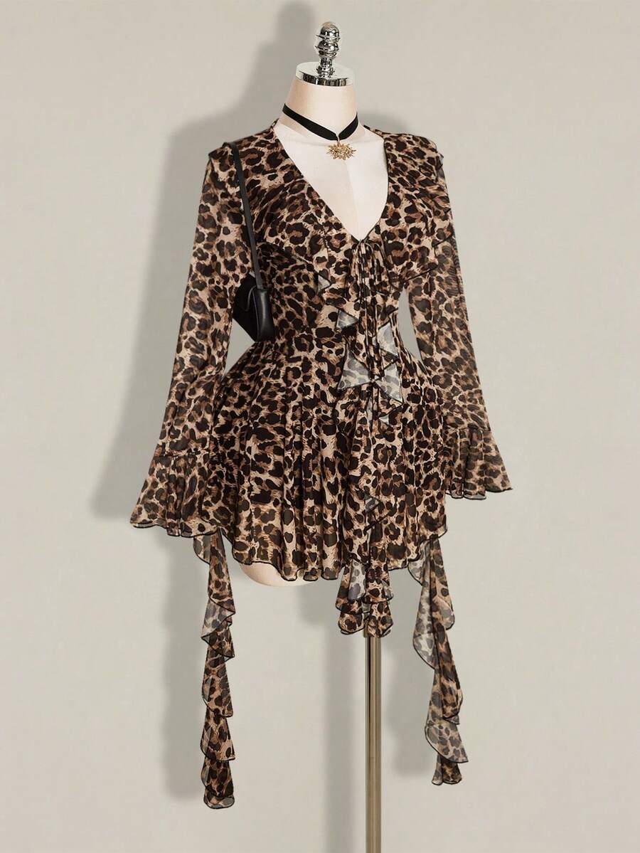 SHEIN ICON Plus Size Retro Sexy Millennial Style Y2K Urban Modern Avant-Garde Bold Fashion Individual Leopard Print V-Neck Ruffled Bell Sleeve Flowy Ribbon Dress - Brown - View 1