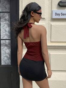 SHEIN EZwear 女士休闲纯色前扣挂脖背心，夏季 - 酒紅色 - 查看 3