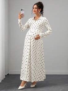 SHEIN Elegant Maternity Polka Dot Print Maternity Commuter Dress Autumn Photoshoot Baby Shower - Apricot - View 7