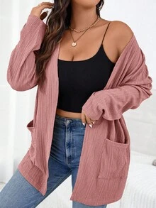 SHEIN Essnce Chaqueta de talla grande casual de otoño de unicolor con doble bolsillo - Rosa vieja - Ver 4