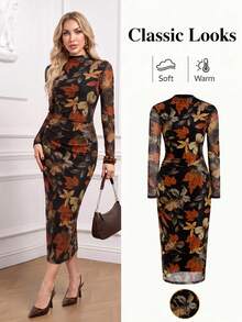 Ellevyn Women's Maple Leaf Mesh Print Pleated Stand Collar Long Sleeve Fitted Dress - Multicolor - View 1