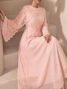 Graceveil Blush Pink Embroidered Patchwork Chiffon Waist Tie Elegant Romantic Wedding Autumn Women Long Dress Party - Pink - View 5