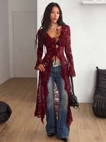 Coolane Women's Fall Streetwear Casual Party Beach Vacation Night Club Night Music Festival Lace Straps And Ruffled Ribbons Burgundy Long Cover-Up - Burgundy - View 6