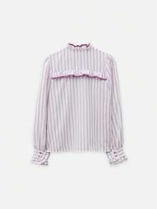 Nöista Striped Ruffle High-Neck Blouse With Puff Sleeves. Fall, Office Wear, Business Casual, Elegant. - Mauve Purple - View 9
