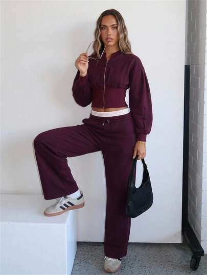 Aloruh Women's Elegant Waist-Cinching Slim Fit Burgundy Cropped Sweatshirt