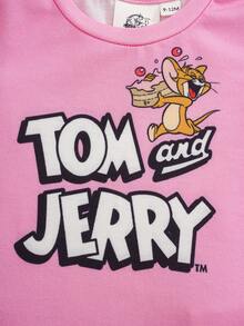 TOM & JERRY X SHEIN طقم تي شيرت وبنطلون بطبعة كرتونية للبنات الرضع - وردي - مشاهدة 4
