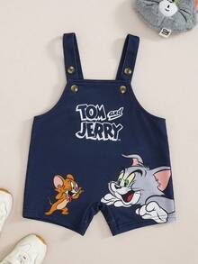 TOM & JERRY X SHEIN 男嬰卡通印花吊帶連身衣 - 藍色 - 查看 3