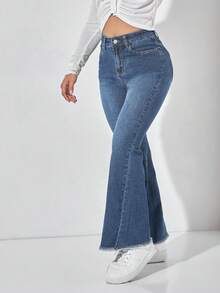 Jeanoix Plus Size Casual Washed Flare Leg Jeans - Blue - View 4